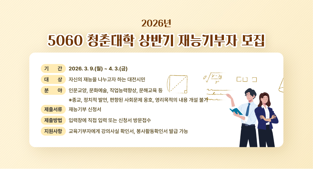 2026년 5060청춘대학 상반기 재능기부자 모집

기간 : 2026. 3. 9.(월) ~ 4. 3.(금)
대상 : 자신의 재능을 나누고자 하는 대전시민
분야 : 인문교양, 문화예술, 직업능력향상, 문해교육 등
※종교, 정치적 발언, 편향된 사회문제 옹호, 영리목적의 내용 개설 불가
제출서류 : 재능기부 신청서
제출방법 : 입력창에 직접 입력 또는 신청서 방문접수
지원사항 : 교육기부자에게 강의사실 확인서, 봉사활동확인서 발급 가능